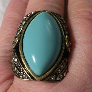VTG WWII Adjustable 7-11 REAL Turquoise  Ring w/Austrian Crystals set in Ant.GP